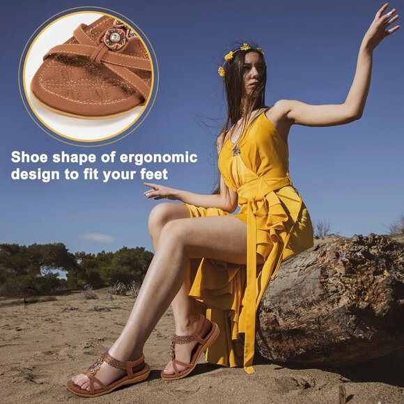 Womens Brown Leather Casual Beach Summer Jeweled Bohemian Flats Sandals - Picture 5 of 5
